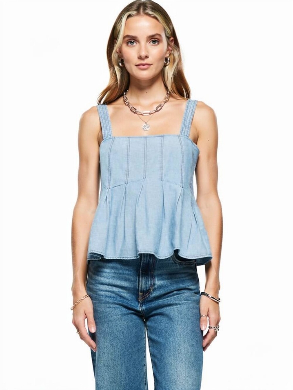 Nation Ltd. Dove Pleated Top In Blue Chambray Small NWT